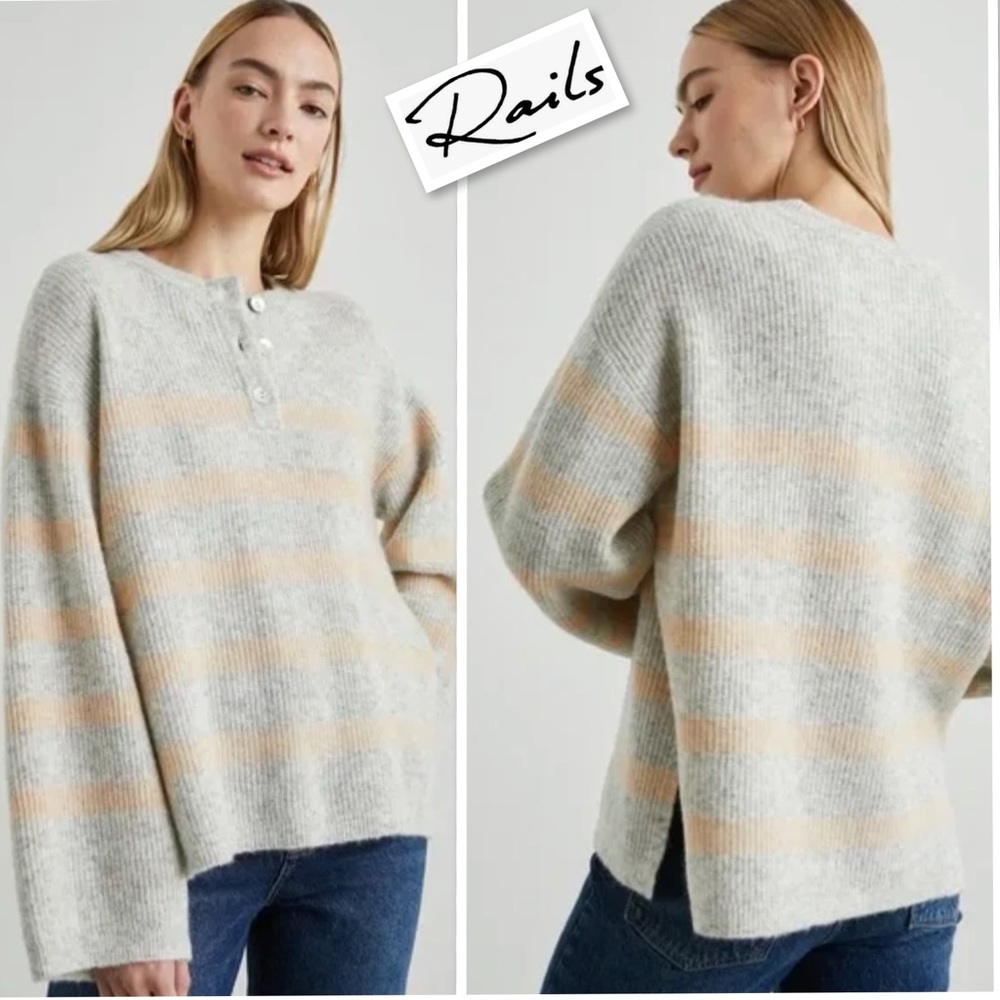 Rails Alicia Sweater Grey/Gold Stripe, Button Details Sz L